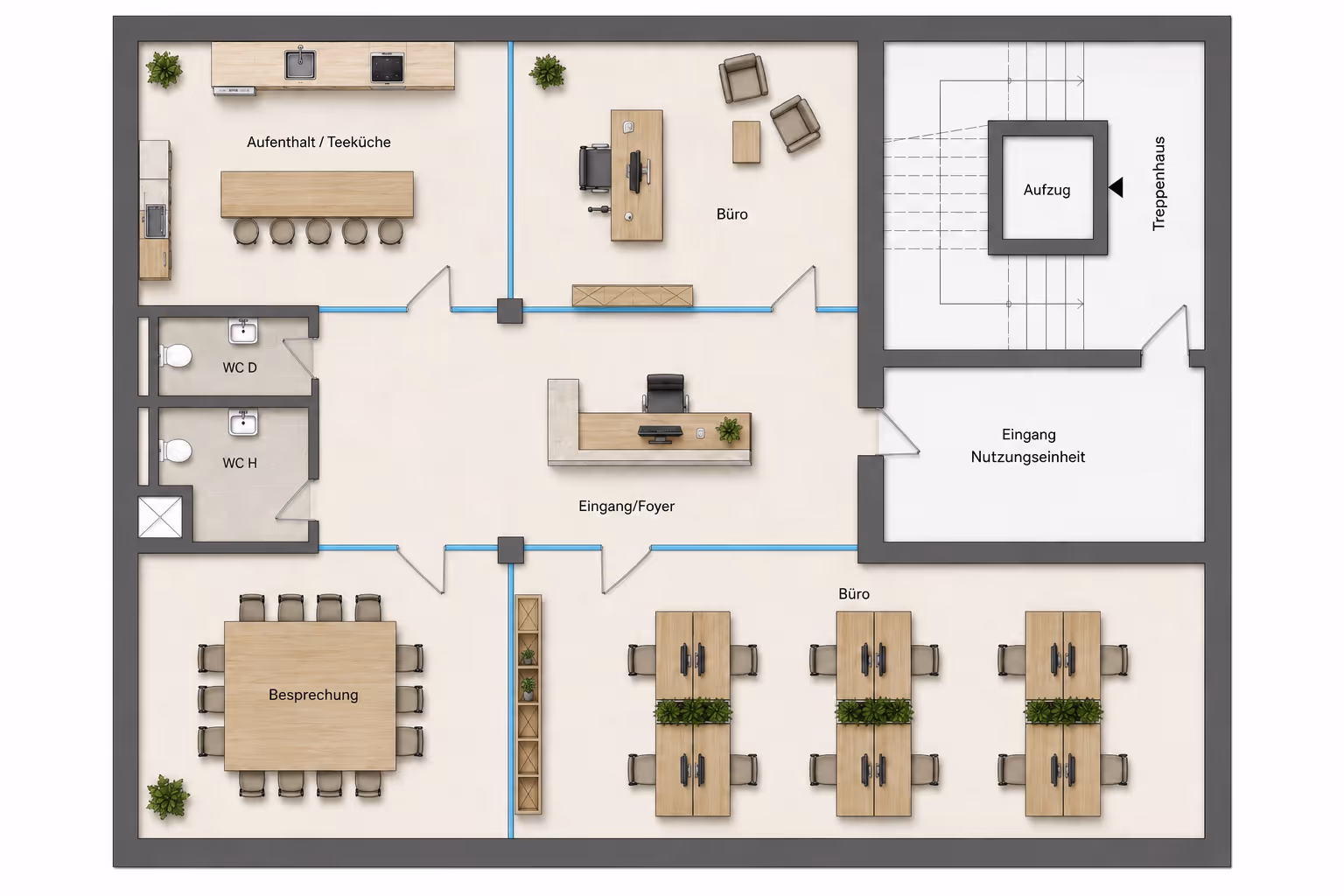 Beispiel-Grundriss mit repräsentativem Empfangsbereich, Chefbüro, Besprechungsraum, Teambüro und Aufenthalt mit Teeküche.