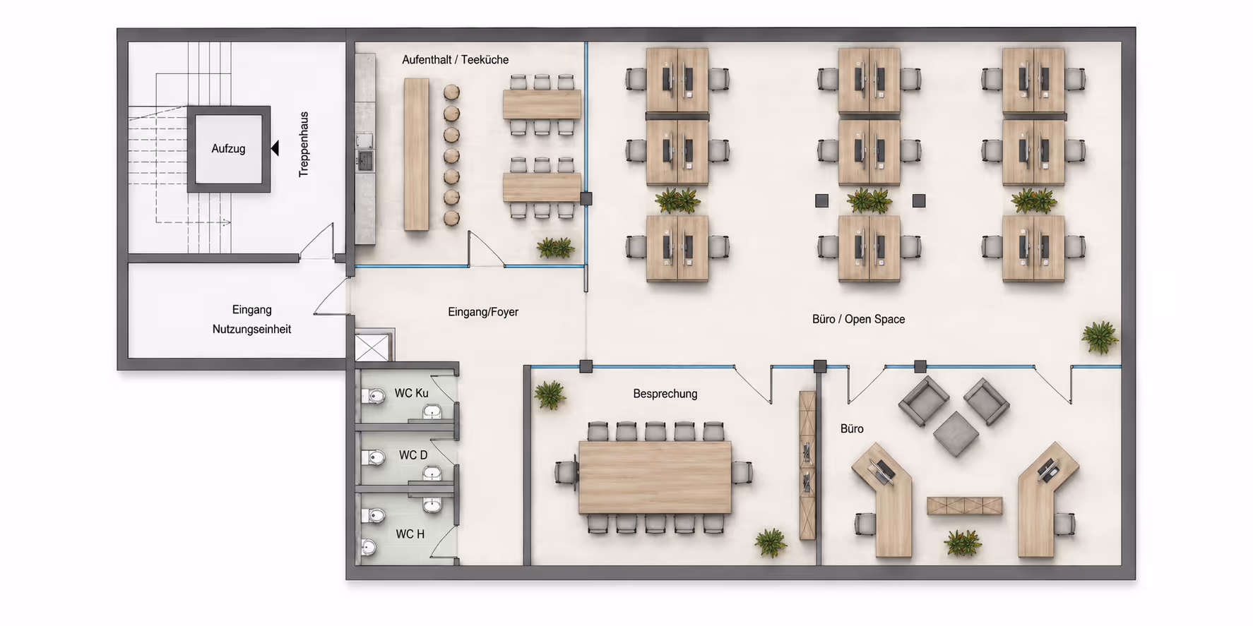 Beispiel-Grundriss einer offenen Arbeitslandschaft: großer Open-Space-Bereich, Besprechungsraum, Büro mit Lounge und Teeküche.