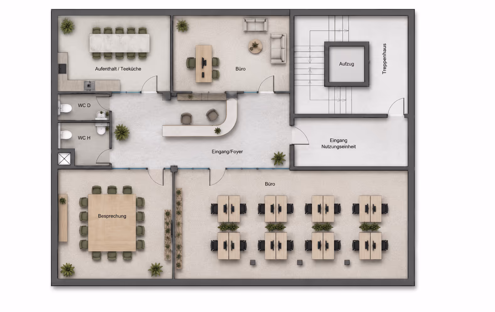 Beispiel-Grundriss: Teamfläche mit Open Space, Meetingraum und Lounge.