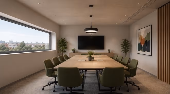 Konferenzraum mit langem Tisch, grünen Polsterstühlen, Bildschirm und Tageslicht – Visualisierung.