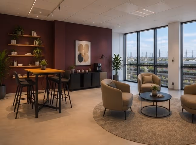 Lounge- und Teeküchenbereich mit Sitzgruppe, Stehtisch und Blick auf die Bahngleise – Visualisierung.