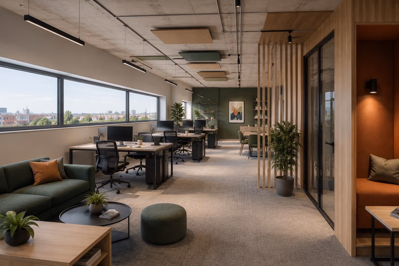 Lounge-Bereich mit Stadtblick als Visualisierung – einladende, hochwertige Aufenthaltszone.