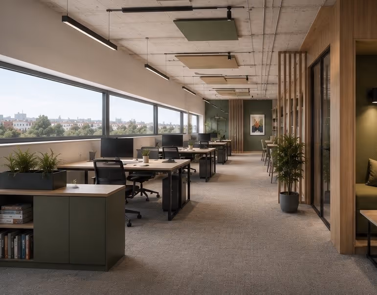 Heller Open-Space-Arbeitsbereich mit Fensterfront, begrünten Akzenten und ruhiger Rückzugsnische – Visualisierung.