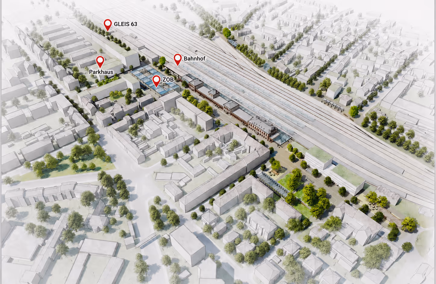 Lageplan des Bahnhofsquartiers Offenburg mit markierter Lage von Gleis 63 direkt neben Hauptbahnhof, ZOB und Parkhaus.