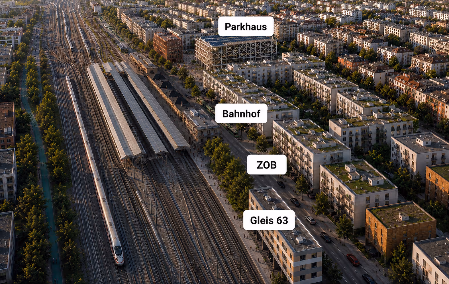 Luftbild des Bahnhofsquartiers Offenburg mit der Lage von Gleis 63 direkt neben Hauptbahnhof, ZOB und Parkhaus.